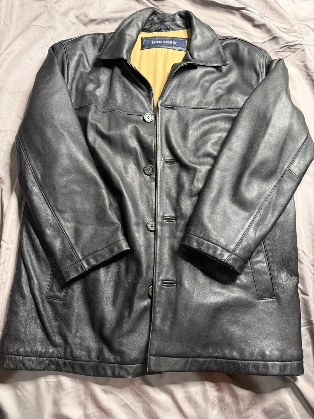 Dockers Black Leather Button-Front Pea Coat with Yellow Lining